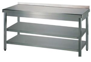 Billede af Tysk produceret arbejdsbord i fuldsvejset rustfri stål med bagkant samt 2 hylder. 600mm B 800 x T 600 x H 850 mm