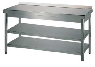 Billede af Tysk produceret arbejdsbord i fuldsvejset rustfri stål med bagkant samt 2 hylder. 700mm B 1900 x T 700 x H 850 mm